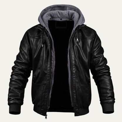 Men’s Hybrid Faux Leather Bomber Jacket with Knit Hood Insert