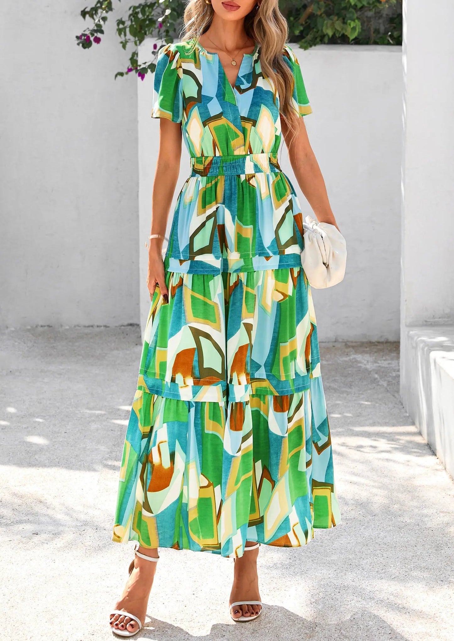 Boho Floral Short Sleeve V Neck A Line Tiered Ruffle Flowy Long Beach Vacation Maxi Dresses