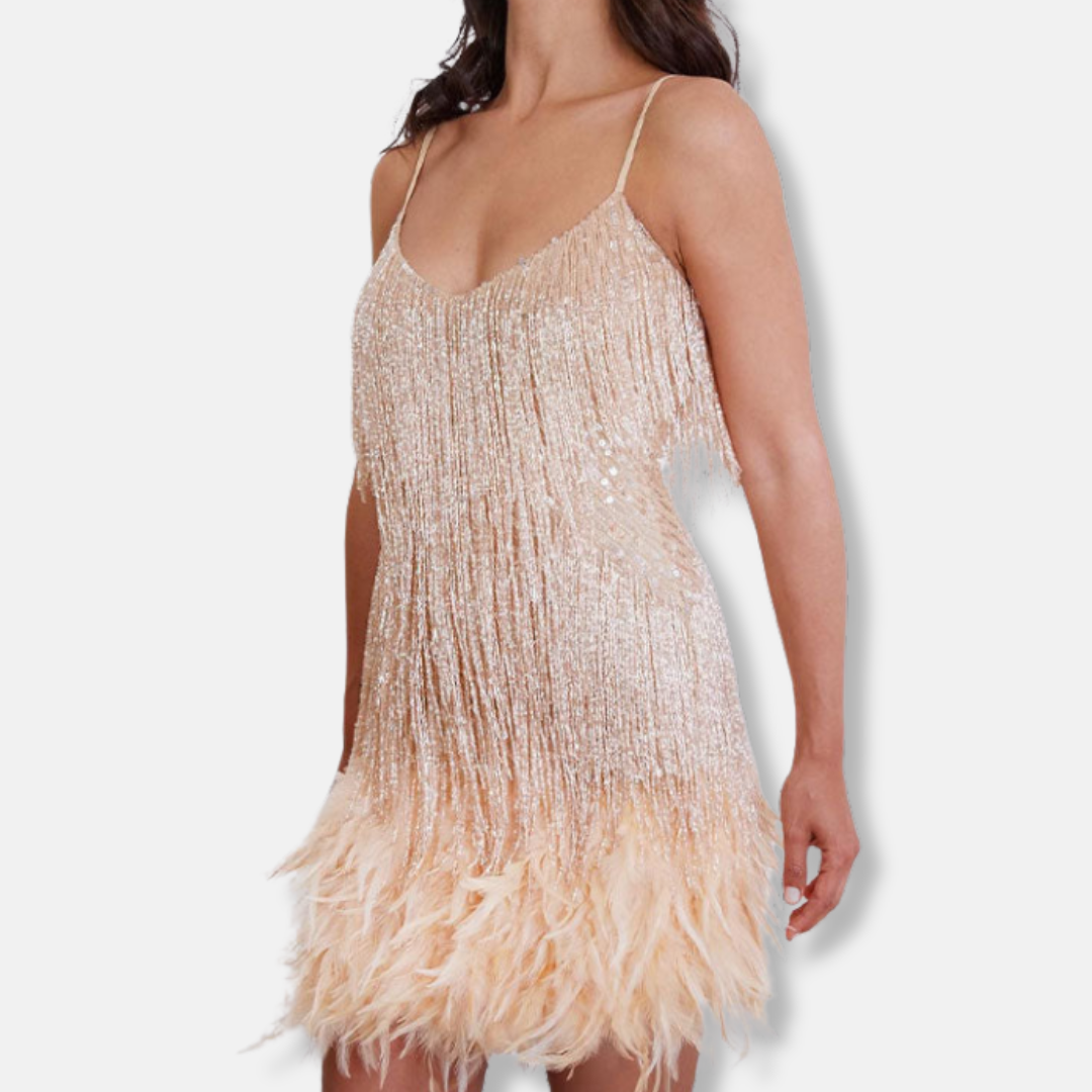 Francesca Sequin Embellished Cocktail Dress | Feather Trim Mini Dress