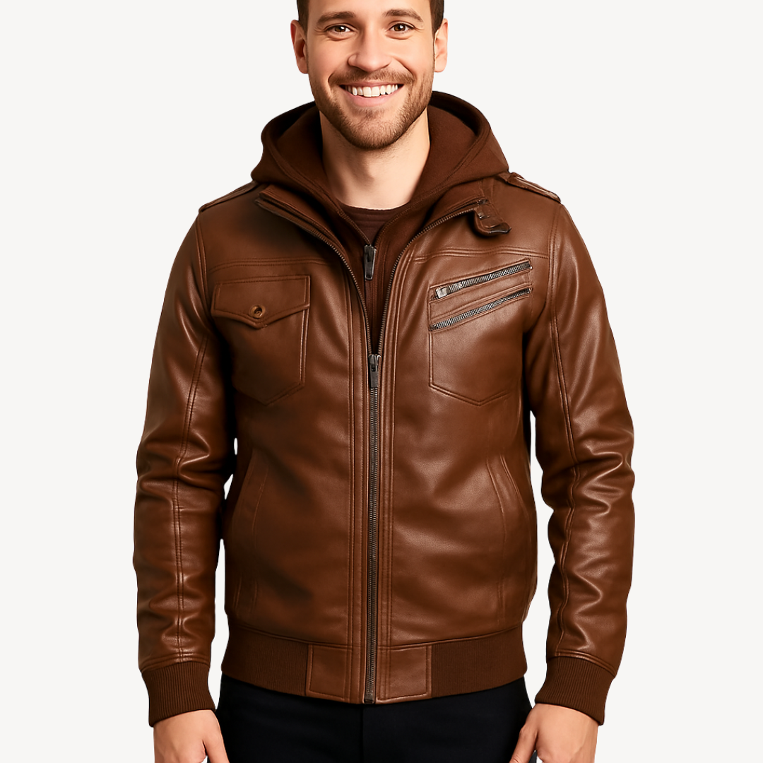 Leather Jacket with Hood for Men