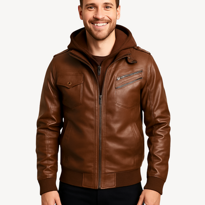 Leather Jacket with Hood for Men