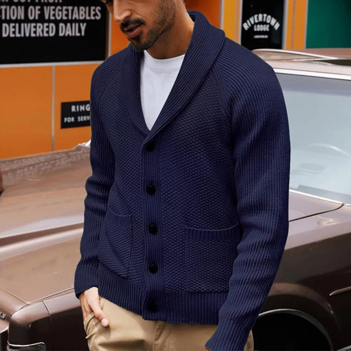 Men’s Shawl Collar Textured Knit Cardigan with Patch Pockets