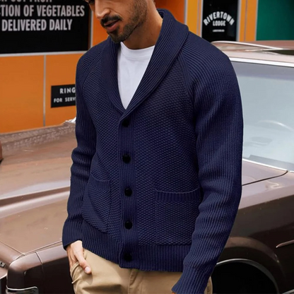 Men’s Shawl Collar Textured Knit Cardigan with Patch Pockets