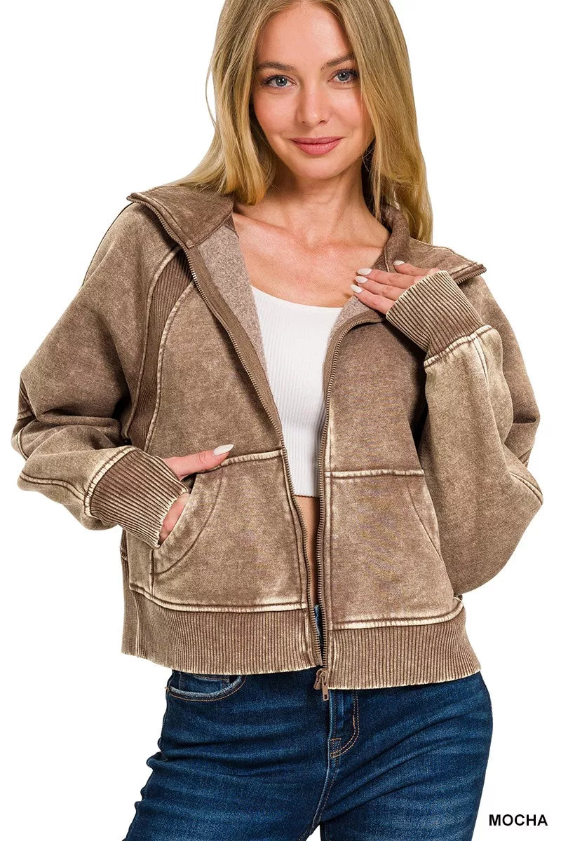 Distressed Zip Up Fleece Coat - BritishElegance