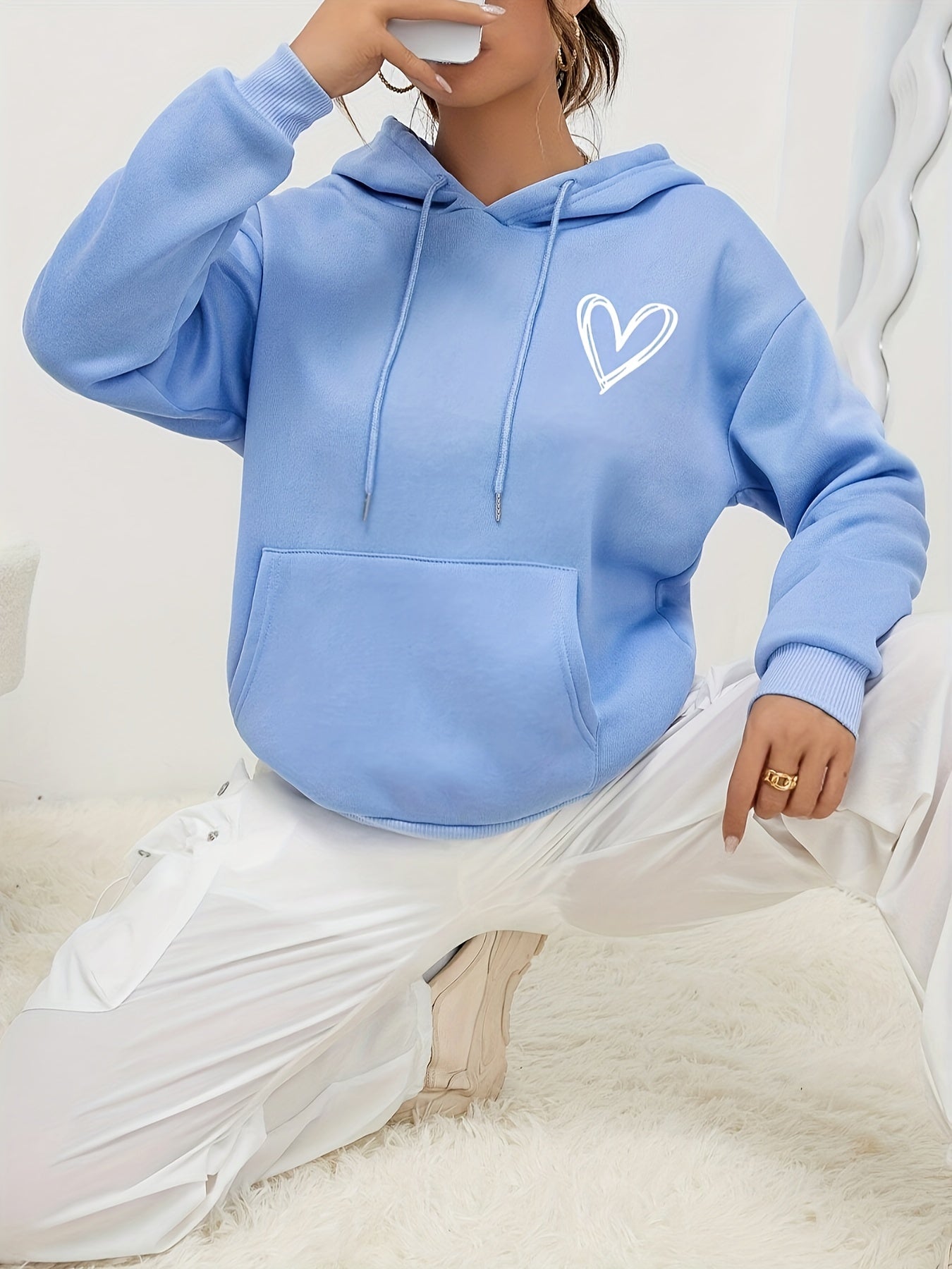 Cozy Women's Loose Fit Hoodie with Heart Design - BritishElegance