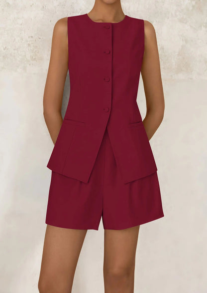 Casual Trendy Button Down Vest Tops High Waisted Shorts Business Two Piece Sets