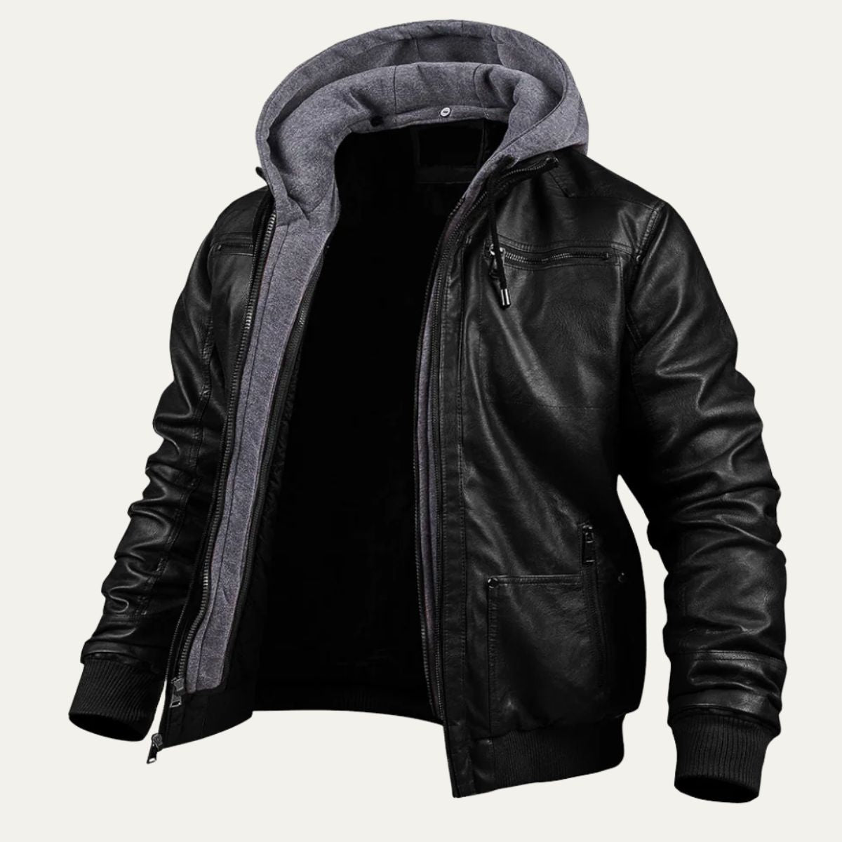 Men’s Hybrid Faux Leather Bomber Jacket with Knit Hood Insert