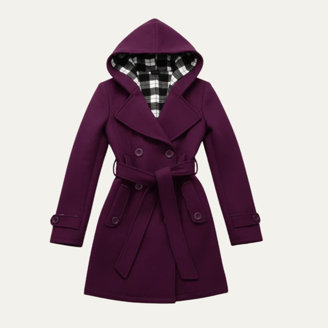 Women’s Belted Double-Breasted Wool Coat with Hood