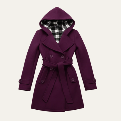 Women’s Belted Double-Breasted Wool Coat with Hood
