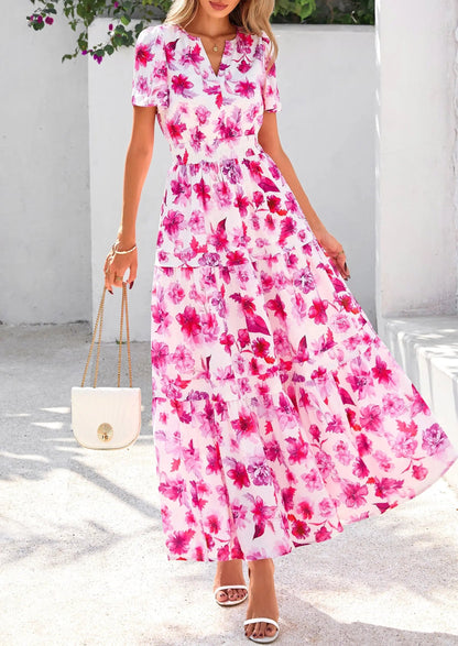 Boho Floral Short Sleeve V Neck A Line Tiered Ruffle Flowy Long Beach Vacation Maxi Dresses
