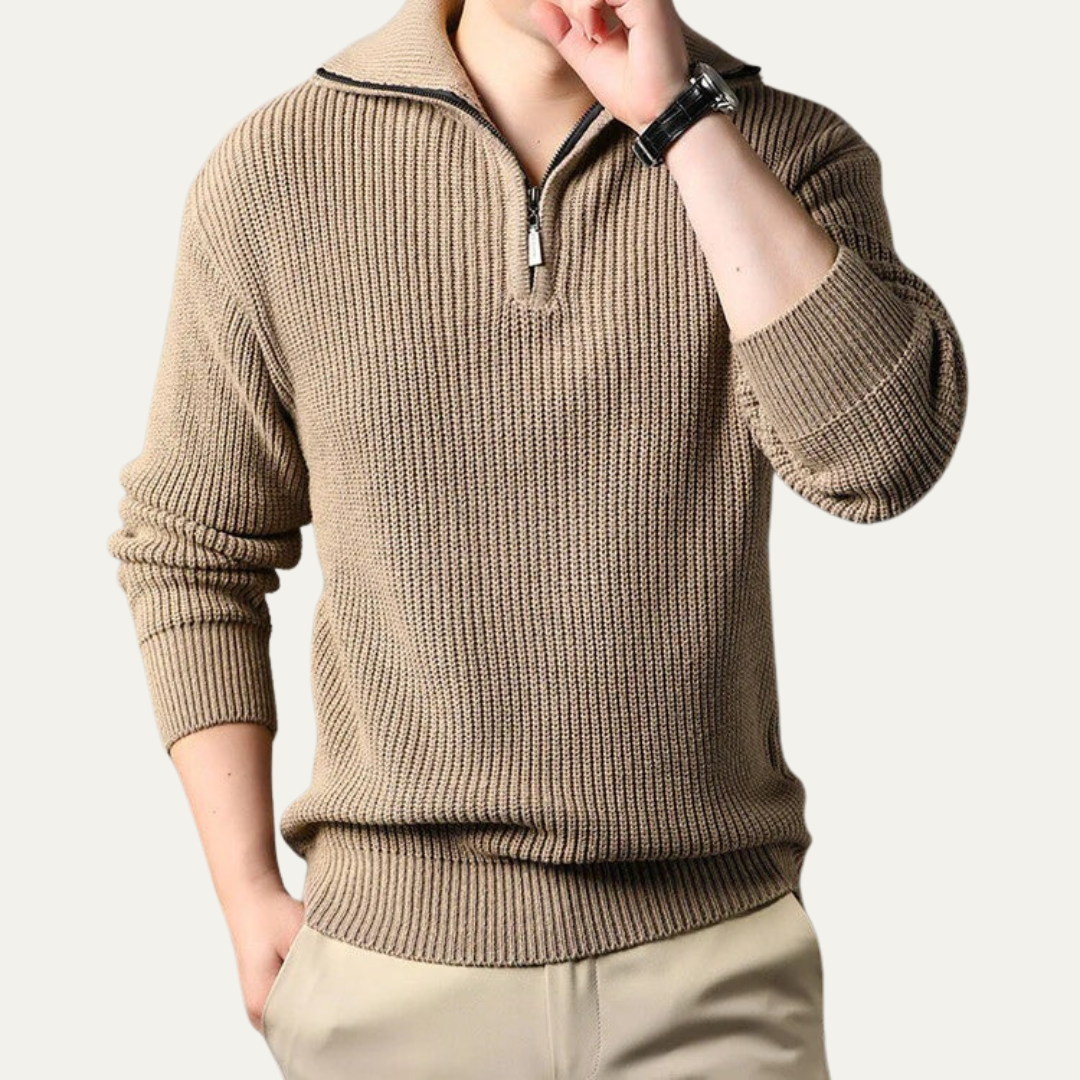 Men’s Ribbed Quarter Zip Sweater with Turn Down Collar