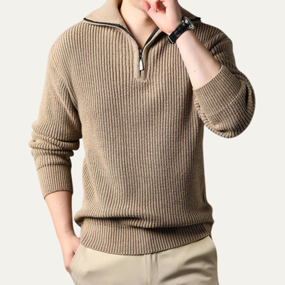 Men’s Ribbed Quarter Zip Sweater with Turn Down Collar