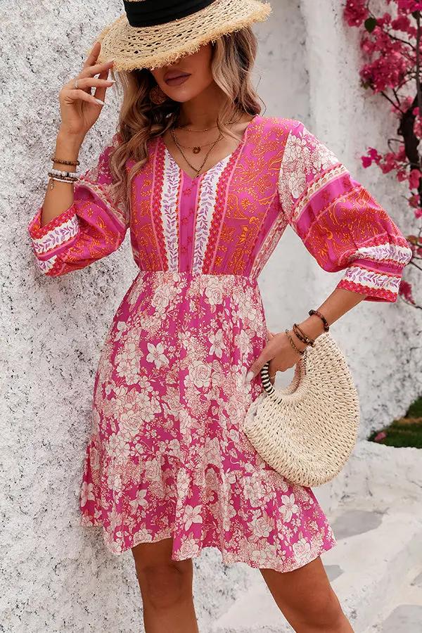 Bohemia Print V Neck Casual Mini Dress