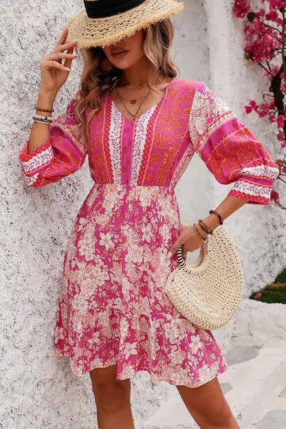 Bohemia Print V Neck Casual Mini Dress