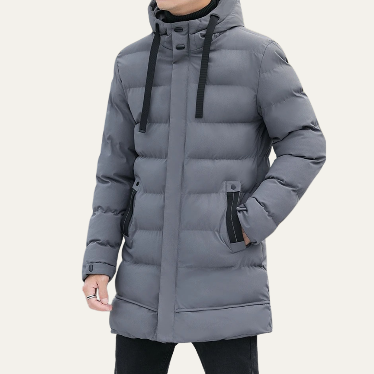 Men’s Long Line Hooded Puffer Coat with Full Zip Closure