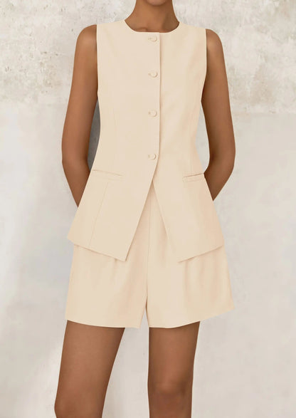 Casual Trendy Button Down Vest Tops High Waisted Shorts Business Two Piece Sets