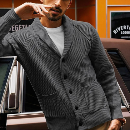 Men’s Shawl Collar Textured Knit Cardigan with Patch Pockets