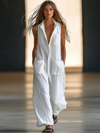 Casual Retro White Linen Sleeveless Jumpsuit