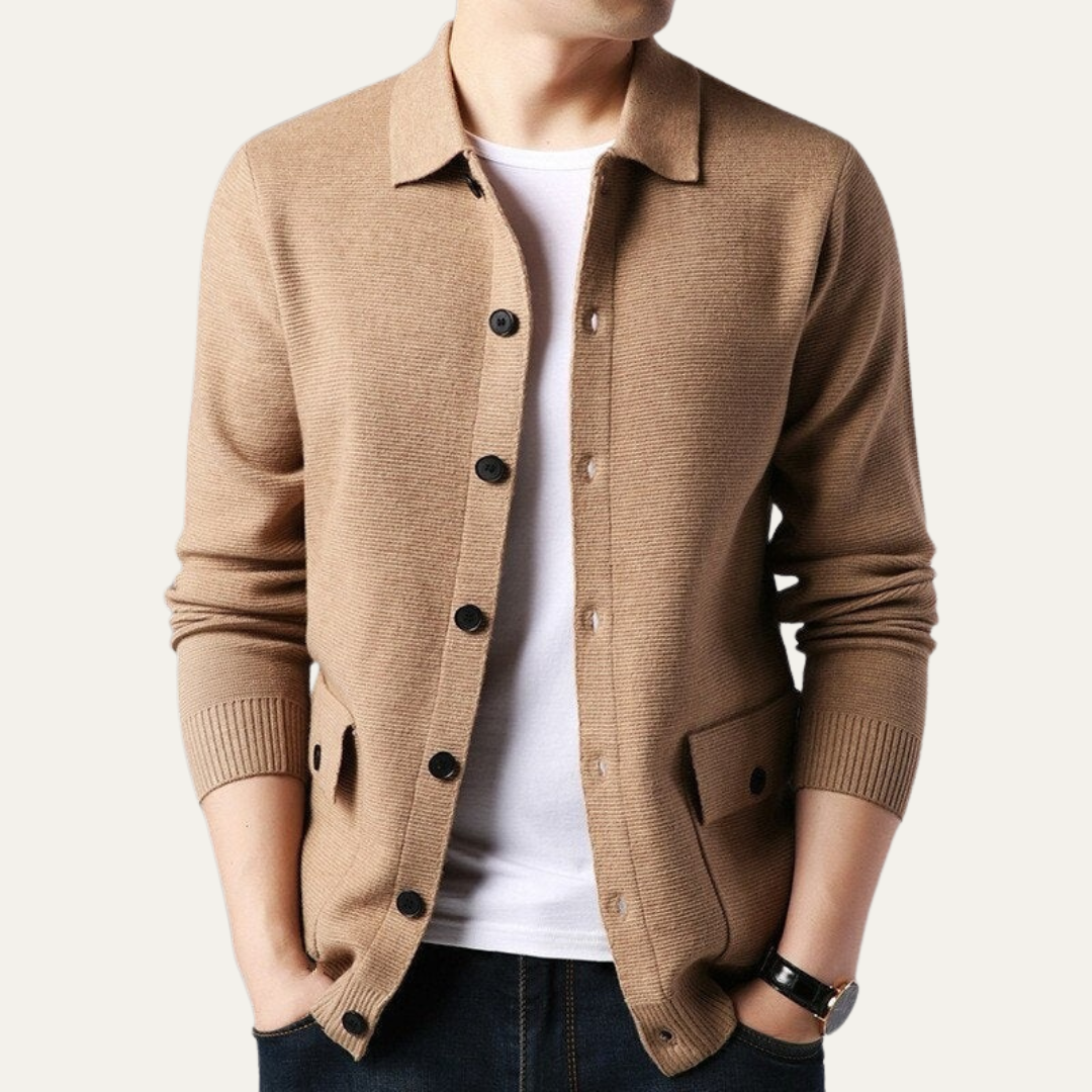 Men’s Knit Button Front Cardigan with Shirt Collar