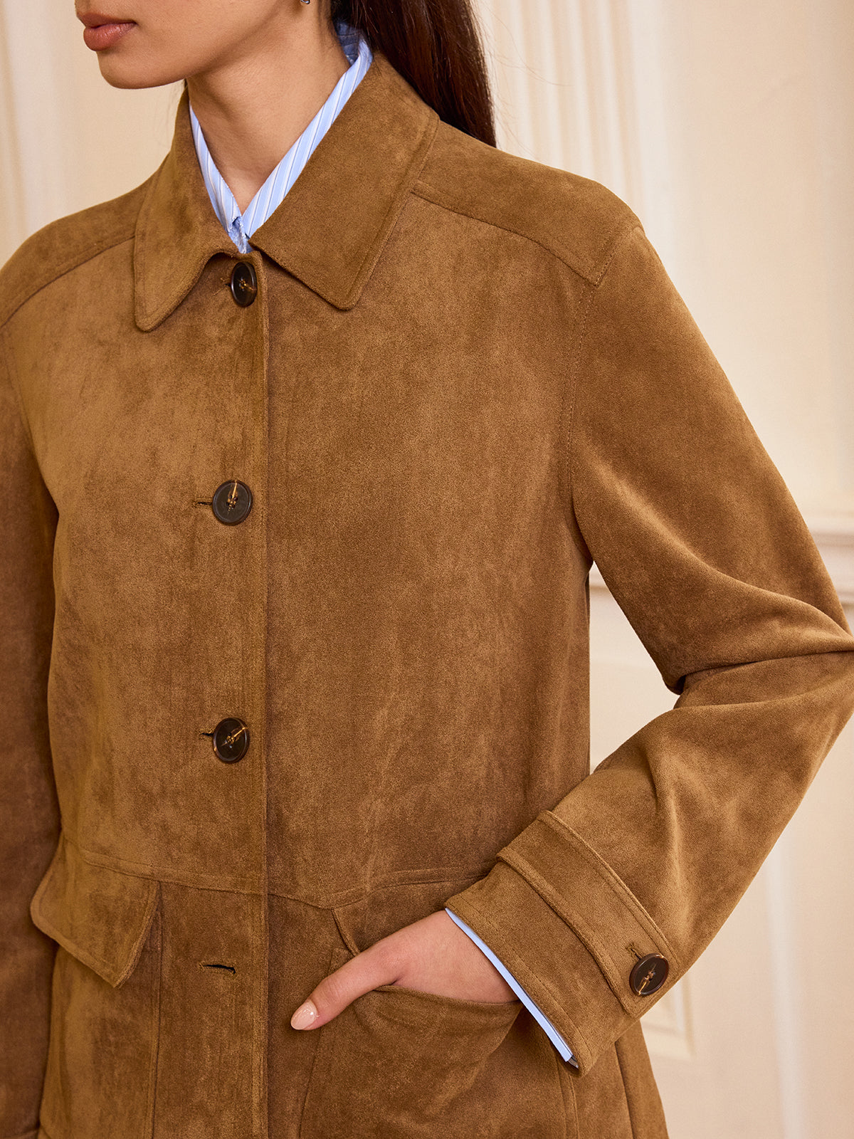 Akira | Women's Tailored Button-Front Suede Work Blazer