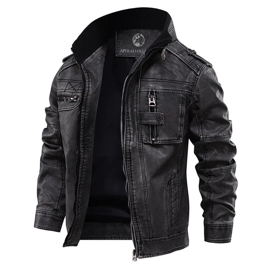 Classic Biker Leather Jacket with Zip Pocket - BritishElegance