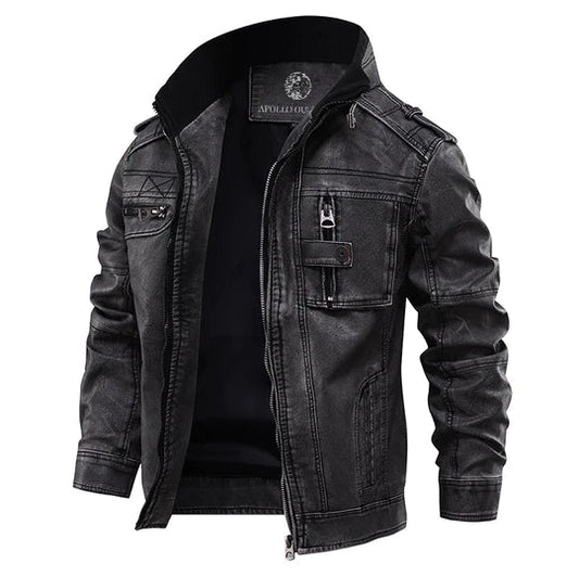 Classic Biker Leather Jacket with Zip Pocket - BritishElegance
