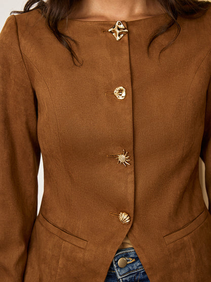 Amyra | Women's Slim Fit Suede Button-Up Short Blazer
