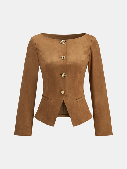 Amyra | Women's Slim Fit Suede Button-Up Short Blazer