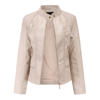 PU leather jacket with stand-up collar for women