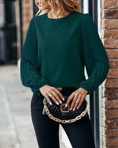 April Blouse | Pleated Lantern Sleeve Round Neck Top