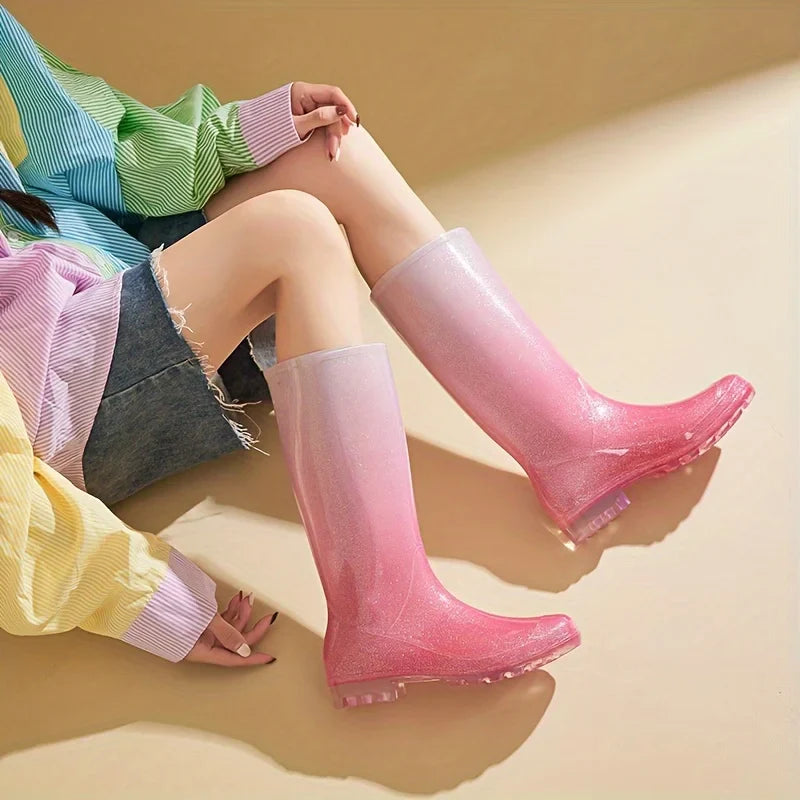 StormGlow | Stylish Waterproof Gradient Pink to White Rain Boots Women