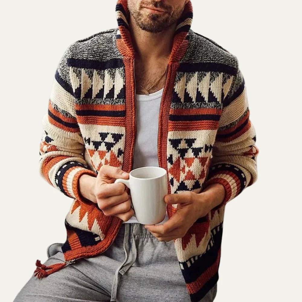 Men’s Geometric Knit High Collar Zip Cardigan