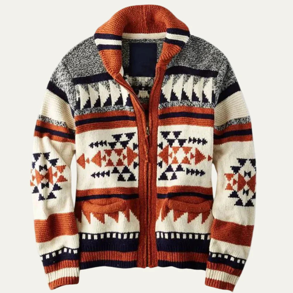 Men’s Geometric Knit High Collar Zip Cardigan
