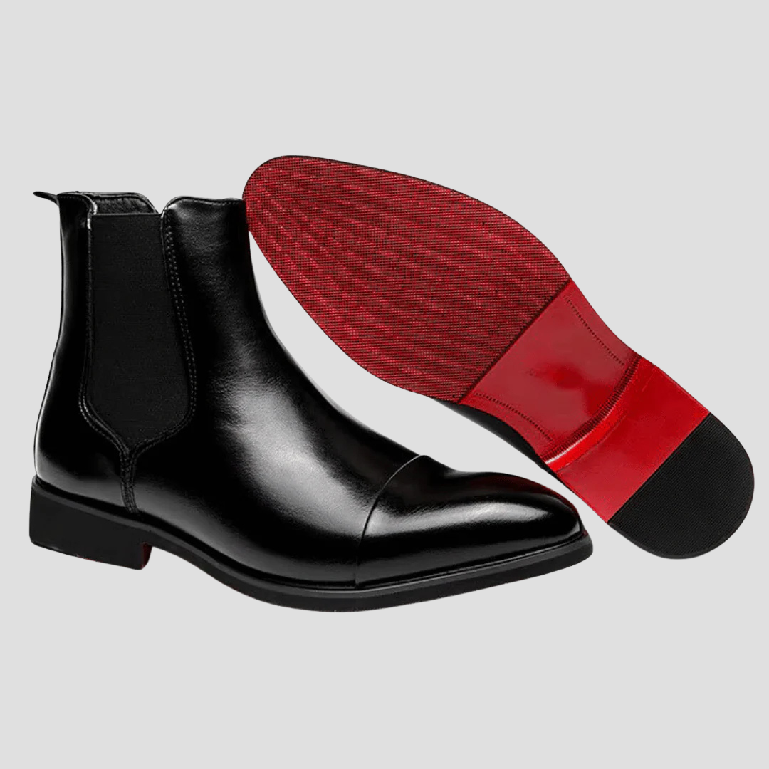 Men’s Polished Leather Chelsea Boots with Red Sole