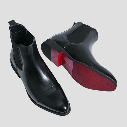 Men’s Polished Leather Chelsea Boots with Red Sole