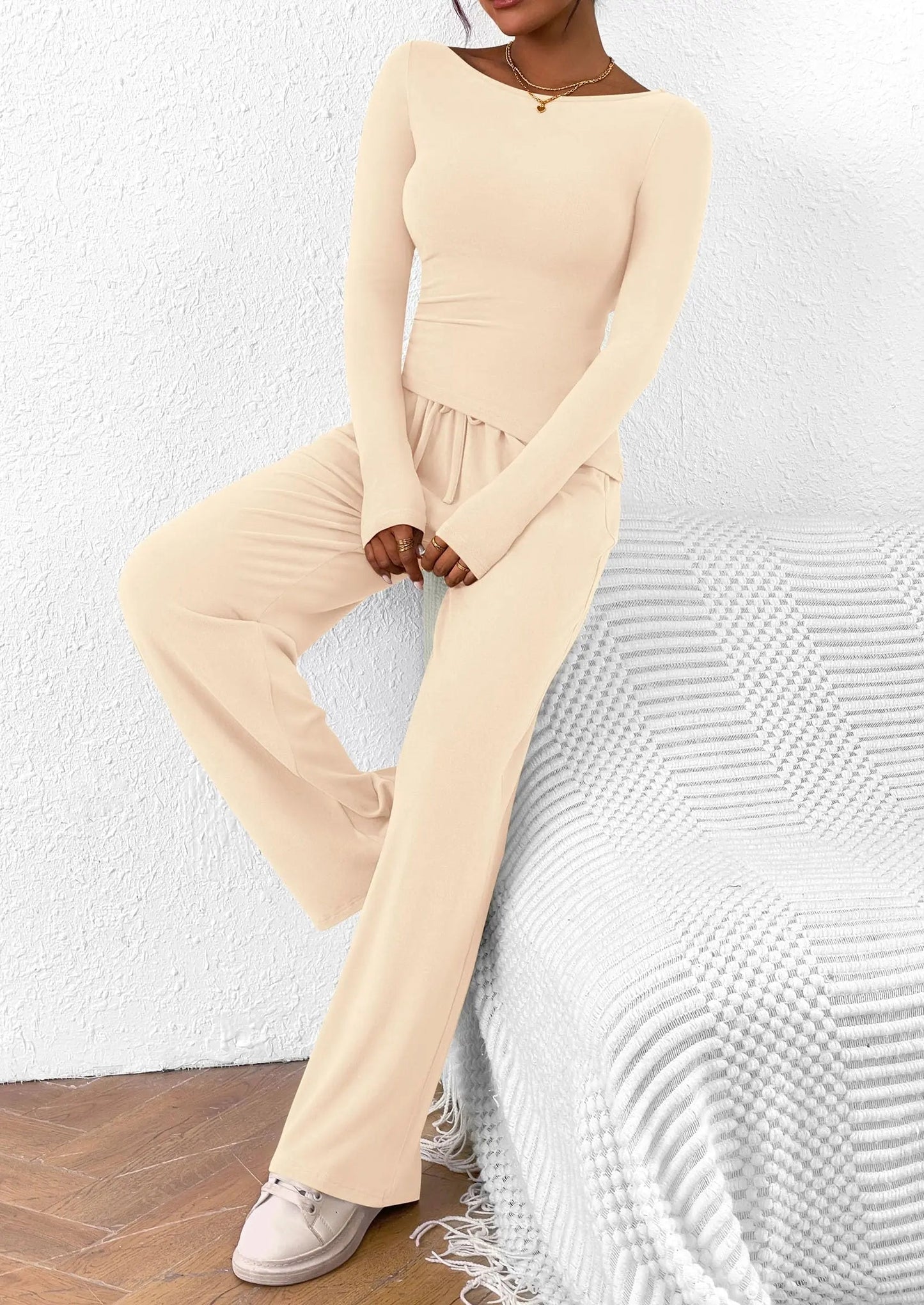 Long Sleeve T-Shirt Wide Leg Pants Casual 2 Piece Sets