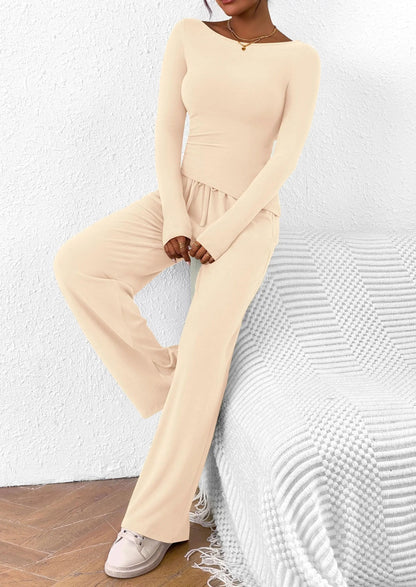 Long Sleeve T-Shirt Wide Leg Pants Casual 2 Piece Sets