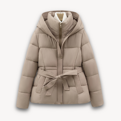 Women's Puffer Jacket with Hood and Belt