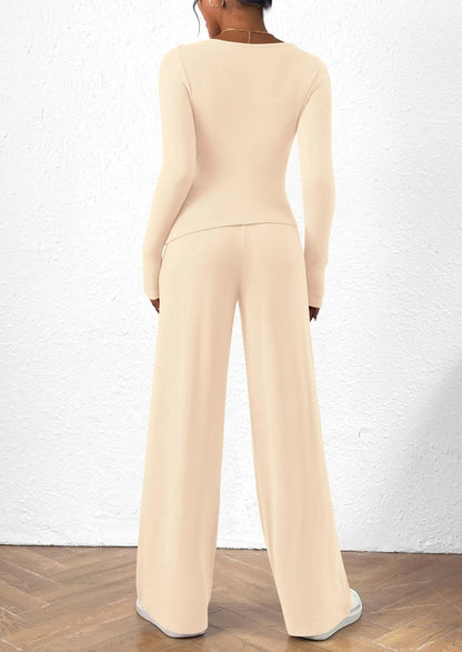Long Sleeve T-Shirt Wide Leg Pants Casual 2 Piece Sets