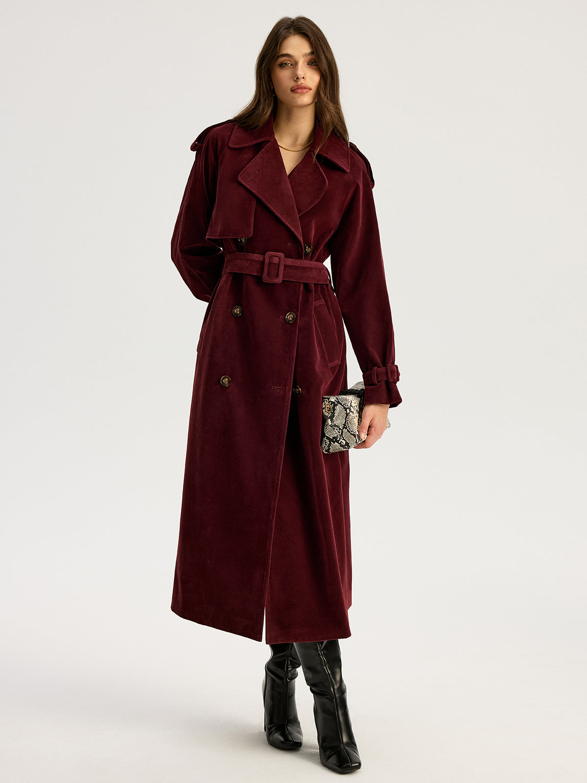 Tiana | Belted Double-Breasted Suede Long Trench Coat