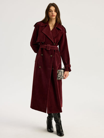 Tiana | Belted Double-Breasted Suede Long Trench Coat