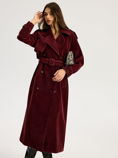 Tiana | Belted Double-Breasted Suede Long Trench Coat