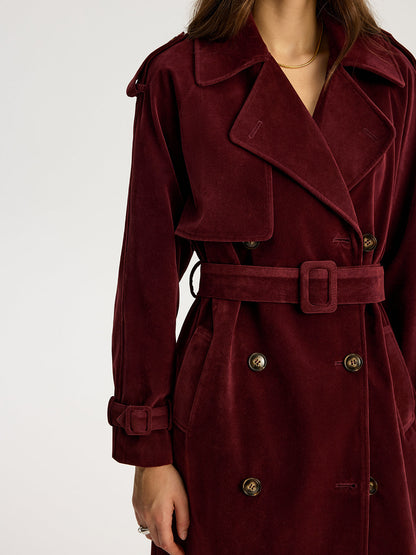 Tiana | Belted Double-Breasted Suede Long Trench Coat