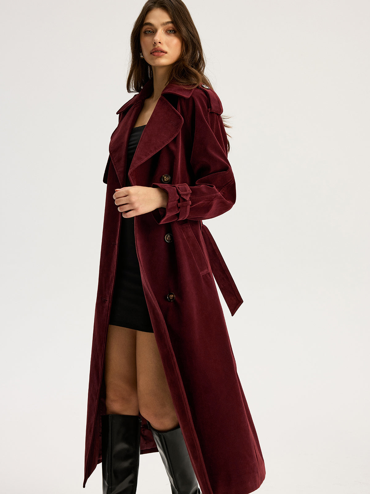 Tiana | Belted Double-Breasted Suede Long Trench Coat