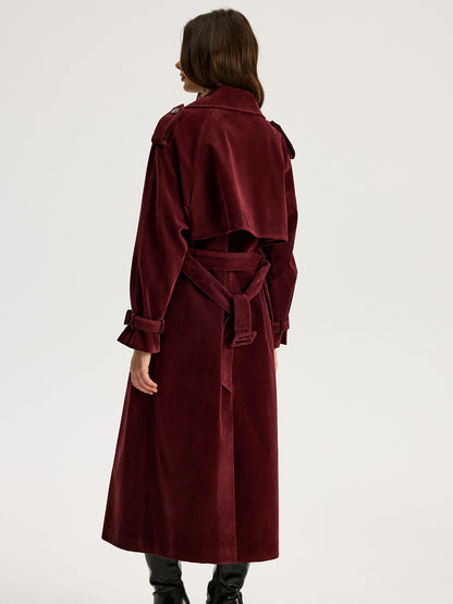 Tiana | Belted Double-Breasted Suede Long Trench Coat