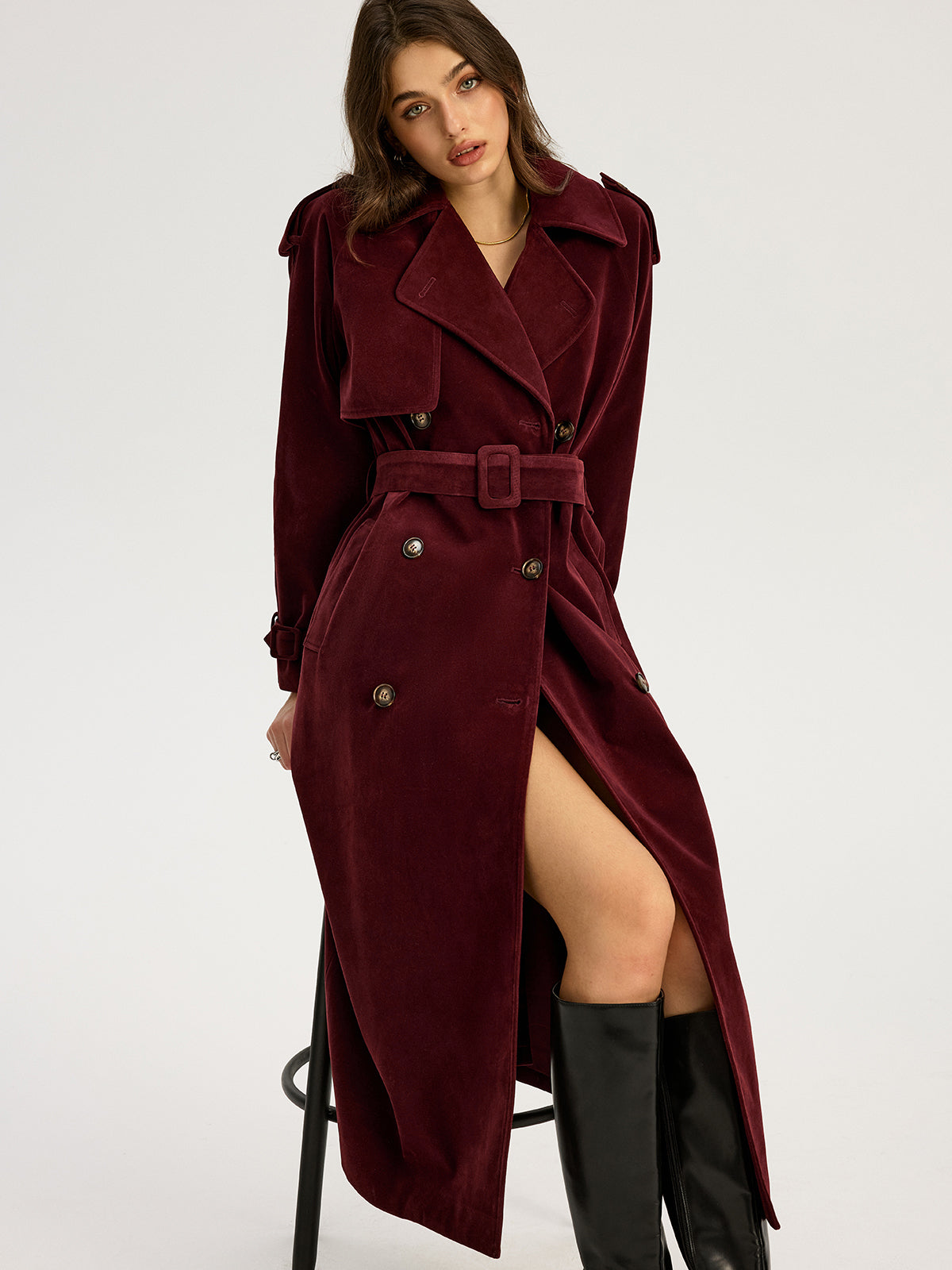 Tiana | Belted Double-Breasted Suede Long Trench Coat