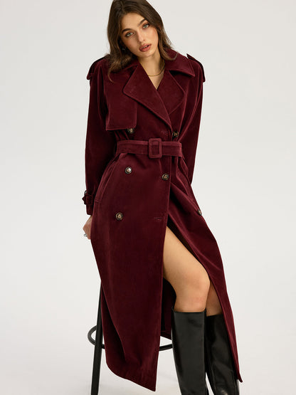 Tiana | Belted Double-Breasted Suede Long Trench Coat