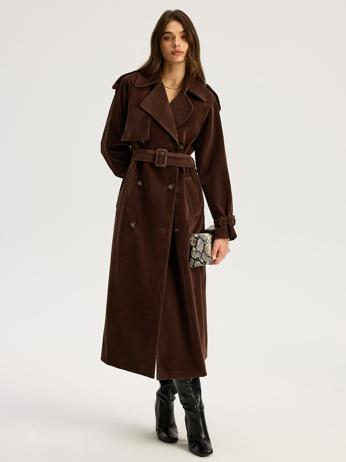 Tiana | Belted Double-Breasted Suede Long Trench Coat