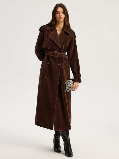 Tiana | Belted Double-Breasted Suede Long Trench Coat
