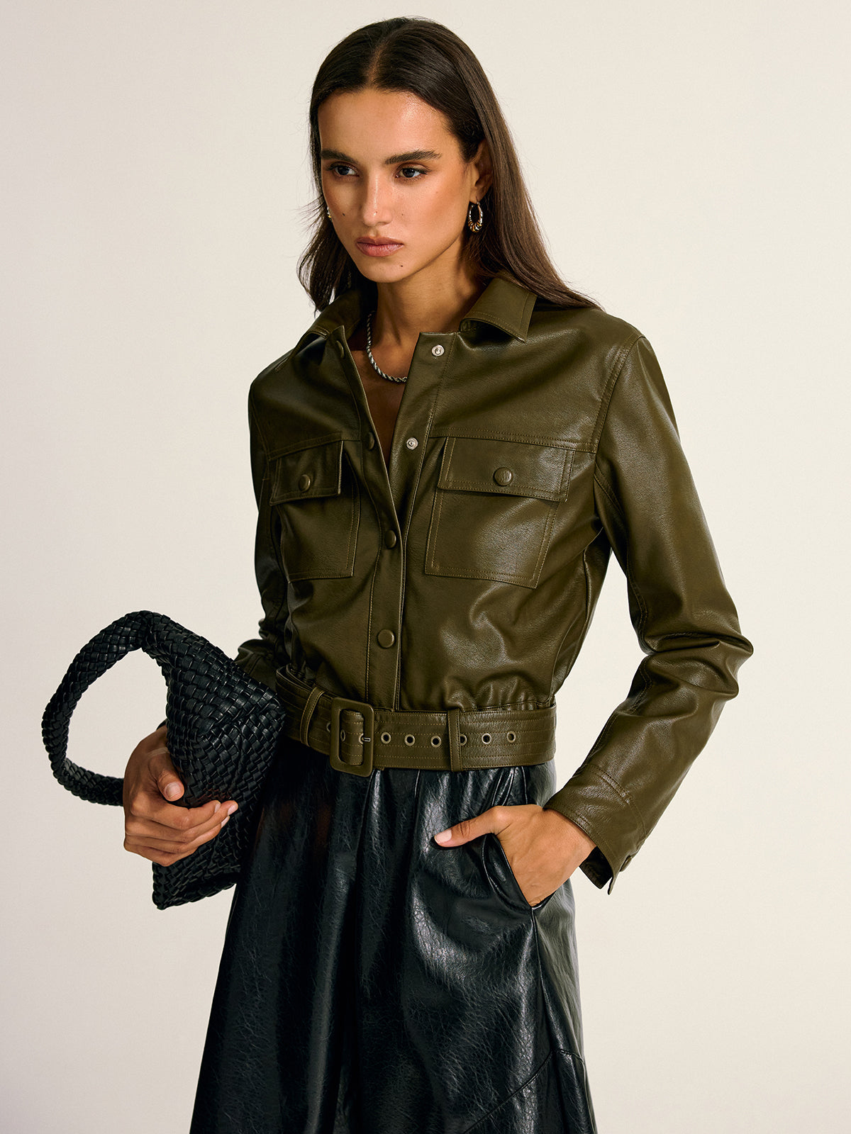 Teressa | Belted PU Leather Cargo Shirt Jacket